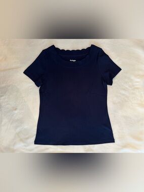 Kim Rogers Navy Scallop Neck Short Sleeve Top